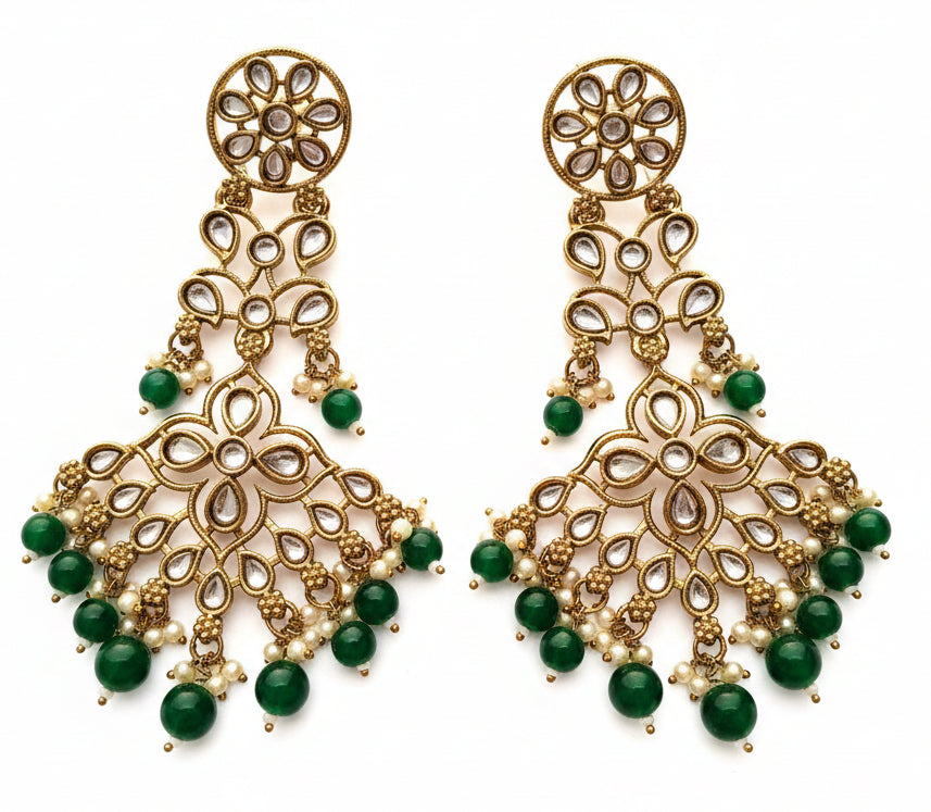 Jazz and Sizzle Gold-Plated Traditional Kundan & Green Bead Chandbali Dangler Earrings for Women