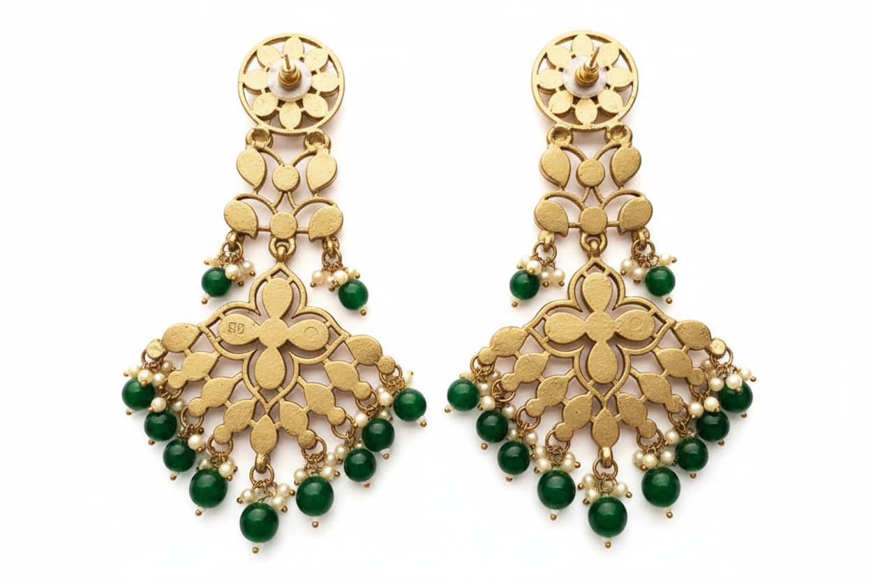 Jazz and Sizzle Gold-Plated Traditional Kundan & Green Bead Chandbali Dangler Earrings for Women