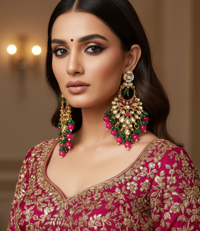 Jazz and Sizzle Gold-Plated Kundan Chandbali Earrings with Pink & Green Meenakari Bead Accentsl