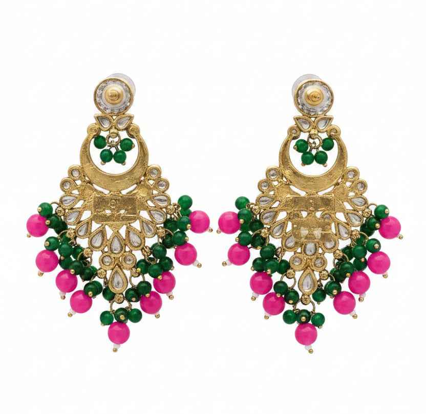Jazz and Sizzle Gold-Plated Kundan Chandbali Earrings with Pink & Green Meenakari Bead Accentsl