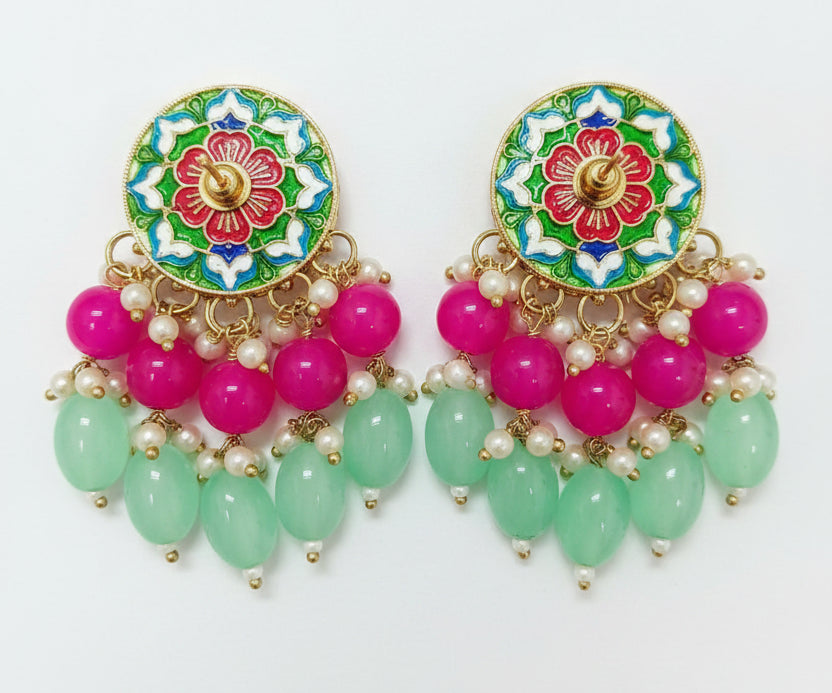 Jazz and Sizzle Mint Green & Rani Pink Meenakari Kundan Dangler Earrings with Bead Drops - Traditional Ethnic Jewelry for Women