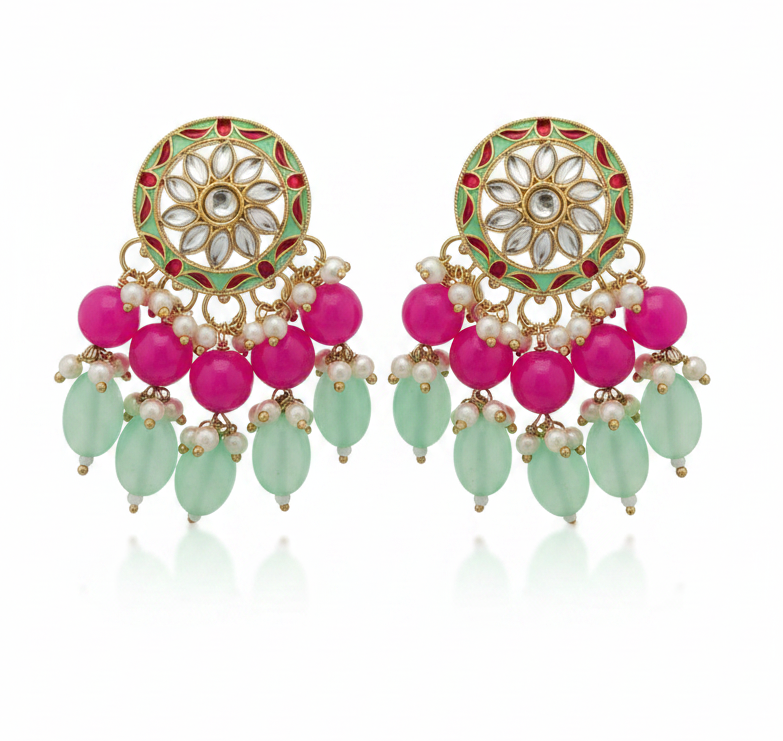 Jazz and Sizzle Mint Green & Rani Pink Meenakari Kundan Dangler Earrings with Bead Drops - Traditional Ethnic Jewelry for Women