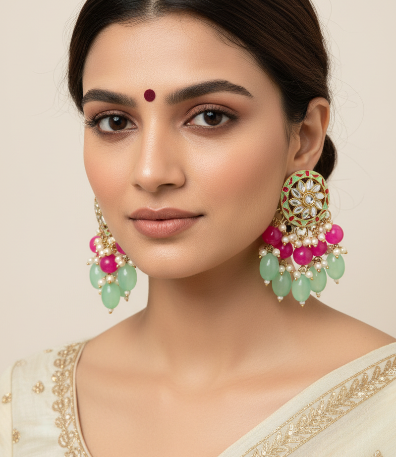 Jazz and Sizzle Mint Green & Rani Pink Meenakari Kundan Dangler Earrings with Bead Drops - Traditional Ethnic Jewelry for Women