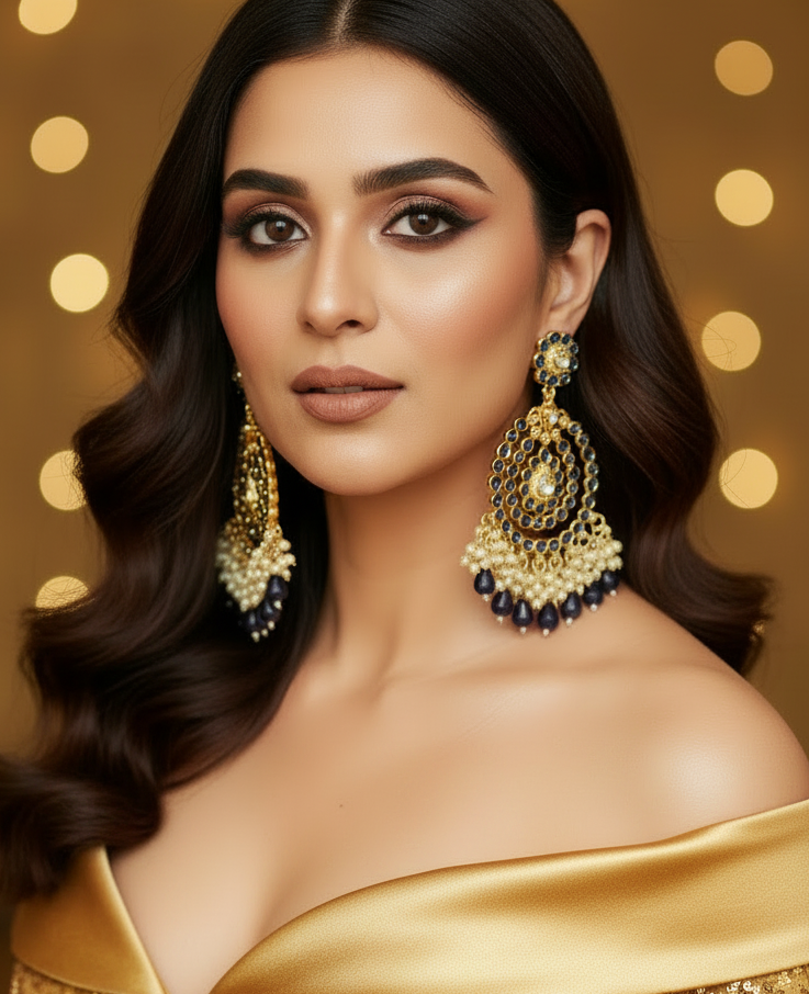 Jazz and Sizzle Gold Plated Traditional Blue Kundan &amp; Pearl Beaded Chandbali Ethnic Dangler Earrings for Women