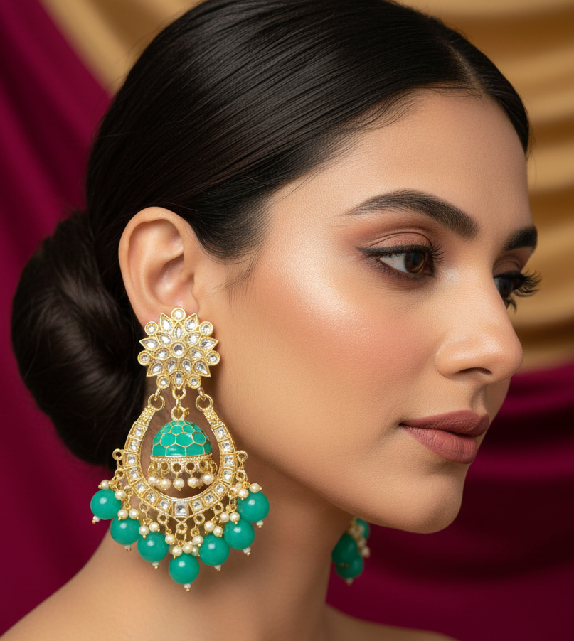 Jazz and Sizzle Gold Plated & Pearl Beaded Minakari Jhumka Chandbali Earrings