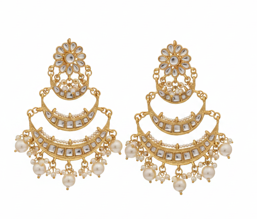 Jazz and Sizzle Gold Plated 3 Layers Long Traditional Look Golden Kundan Studded & Pearls Beaded Chandbali Earrings