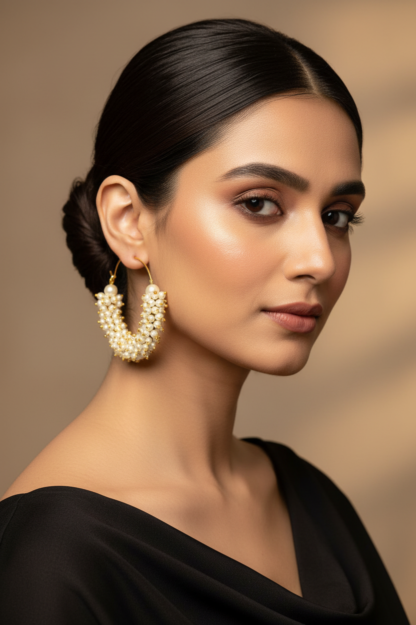 Jazz and Sizzle Gold Plated Pearls Beaded Everyday Lightweight Hoop Earrings