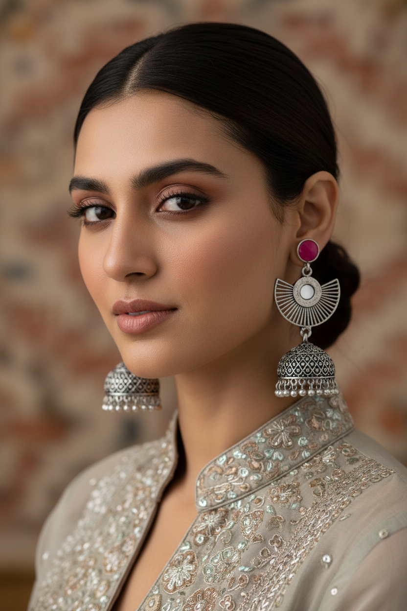 Jazz and Sizzle Moody Glamour Oxidised Silver Jhumka Earrings