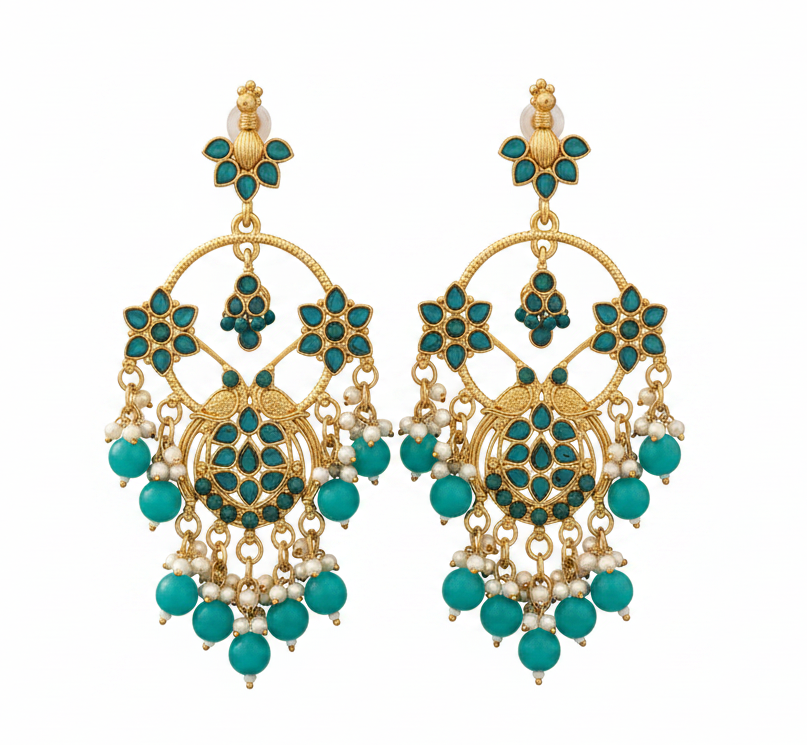 Jazz and Sizzle Luxe Gold Plated & Turquoise Blue Beaded Peacock Shaped Chand Bali Earring
