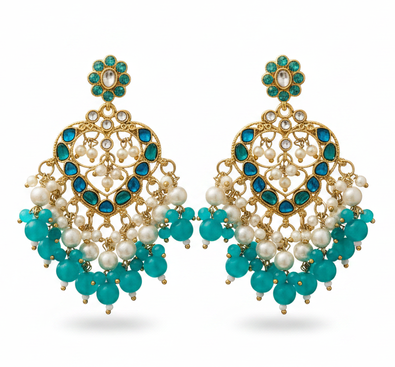 Jazz and Sizzle Kundan Studded & Teal Pearl Beaded Drop Chandbali Earrings