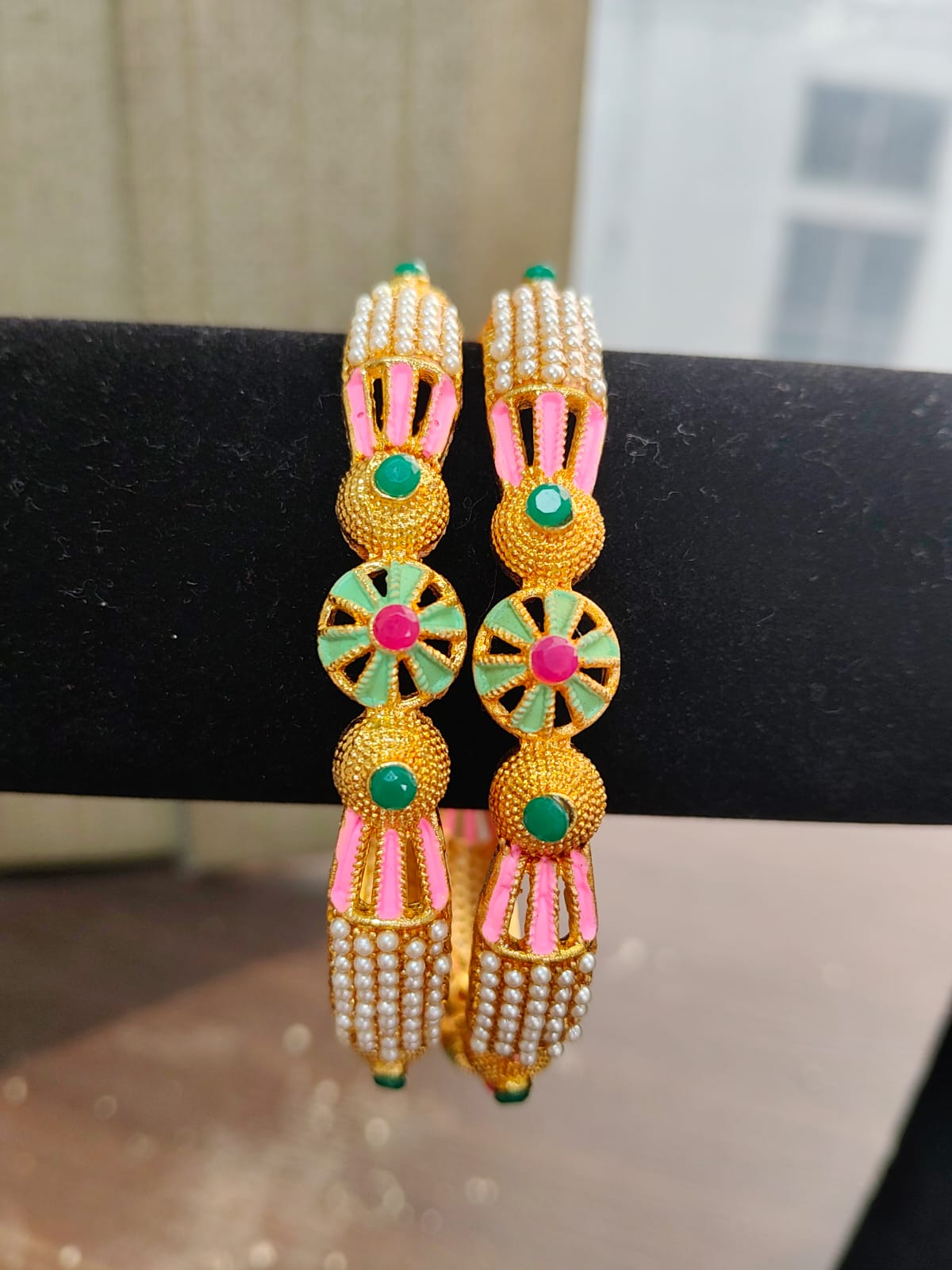 Jazz And Sizzle Set Of 1 Gold Plated Artificial Stone Studded & Pearl Beaded Bangles