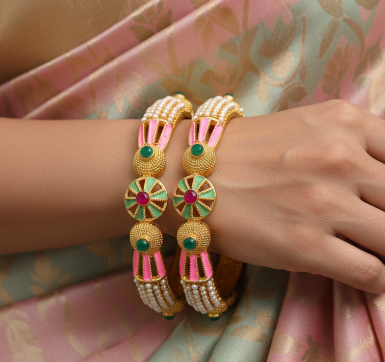 Jazz And Sizzle Set Of 2 Gold Plated Artificial Stone Studded & Pearl Beaded Meenakari Bangles