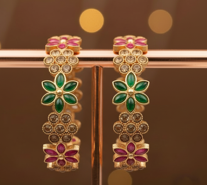 Jazz And Sizzle Set Of 2 Gold Plated Artificial Stone Studded & Pearl Beaded Bangles