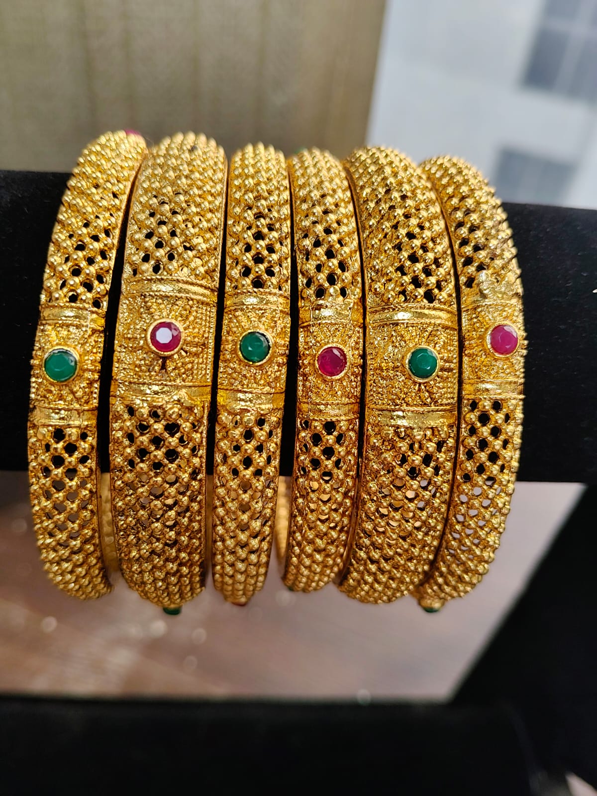 Jazz And Sizzle Set Of 6 Gold Plated Artificial Stone Studded & Pearl Beaded Bangles