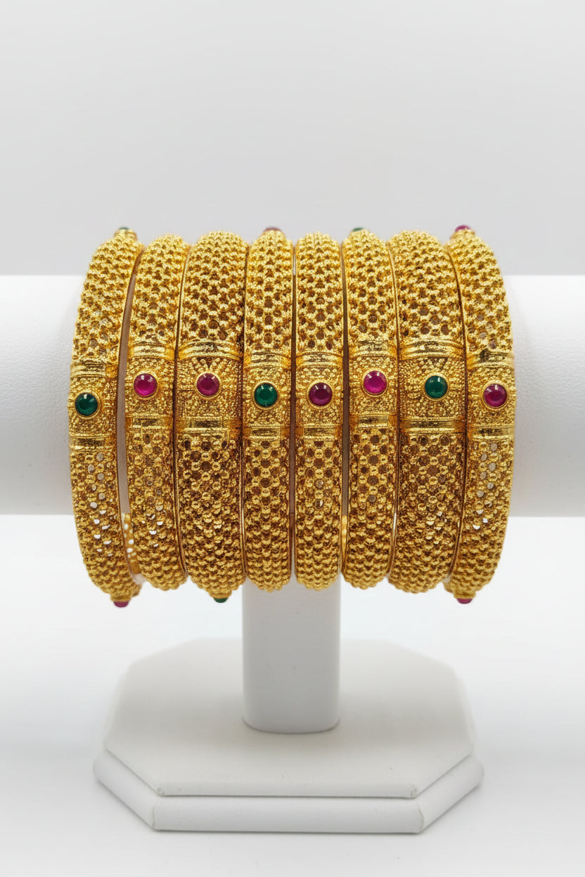 Jazz And Sizzle Set Of 6 Gold Plated Artificial Ruby Stone Studded & Green Beaded Bangles