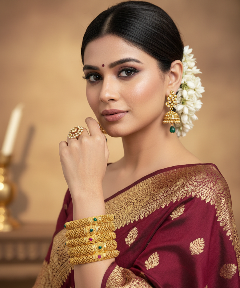 Jazz And Sizzle Set Of 6 Gold Plated Artificial Ruby Stone Studded & Green Beaded Bangles