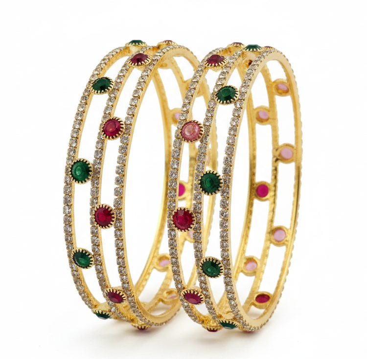 Jazz And Sizzle Set Of 2 Gold Plated Cubic Zirconia Studded Red & Green Stone Beaded Bangles