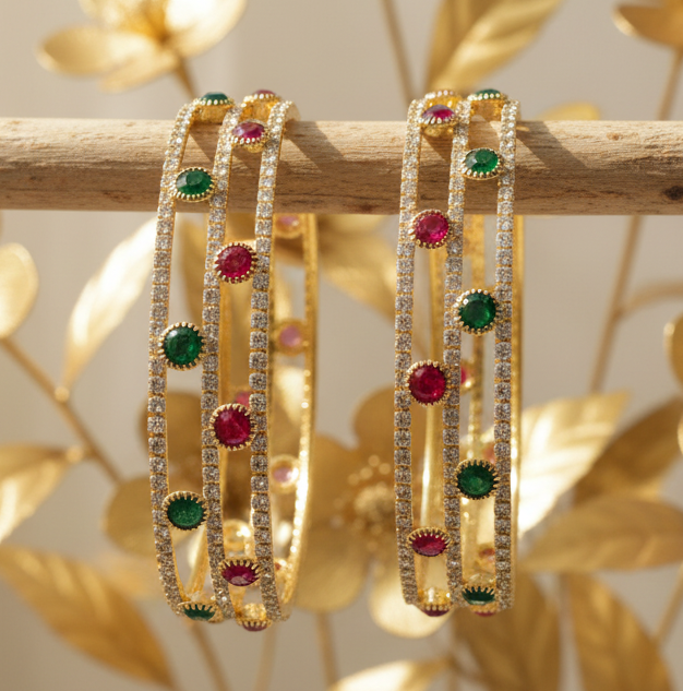 Jazz And Sizzle Set Of 2 Gold Plated Cubic Zirconia Studded Red & Green Stone Beaded Bangles