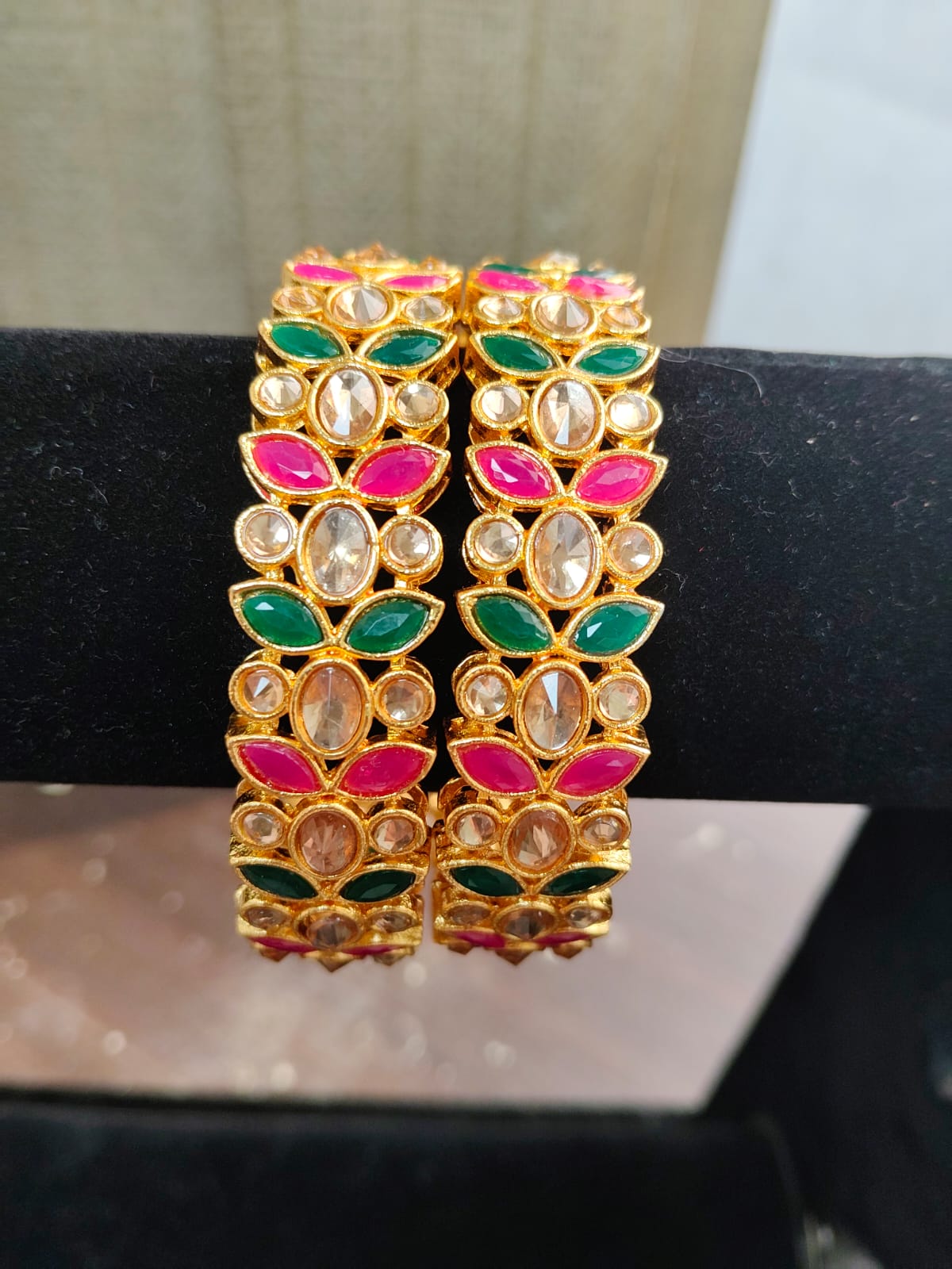 Jazz And Sizzle Set Of 2 Gold Plated Artificial Stone Studded & Pearl Beaded Bangles