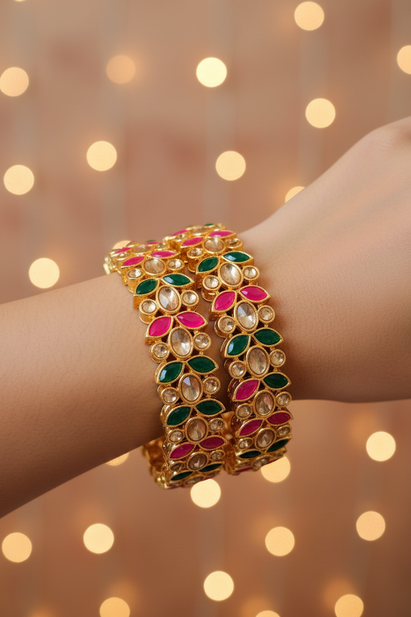 Jazz And Sizzle Pair of Ornate Gold Plated Bangles with colorful stones