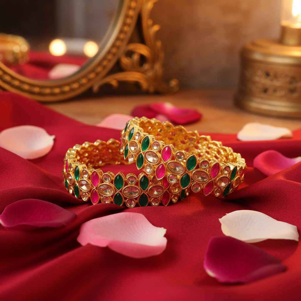 Jazz And Sizzle Pair of Ornate Gold Plated Bangles with colorful stones