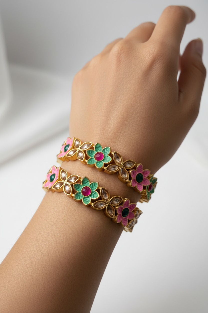 Jazz And Sizzle Set Of 2 Gold Plated Artificial Stone Studded & Pearl Beaded Bangles