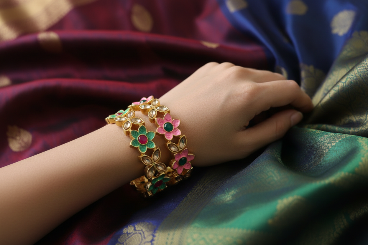 Jazz And Sizzle Set Of 2 Gold Plated Artificial Stone Studded & Pearl Beaded Bangles