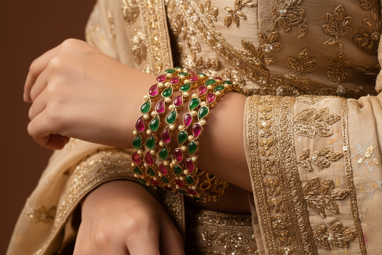 Jazz And Sizzle 4 Gold Plated Artificial Stone Studded & Pearl Beaded Bangles