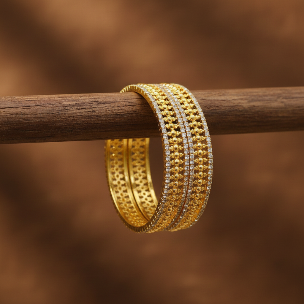 Jazz And Sizzle Set Of 2 Gold Plated Cubic Zirconia Studded Intricate Patterned Bangles