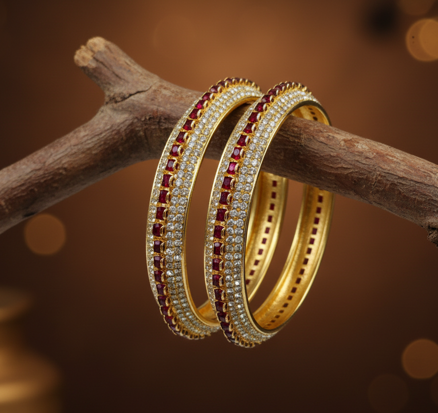 Jazz And Sizzle Set Of 2 Gold Plated Cubic Zirconia Studded & Ruby Red Stone Beaded Bangles