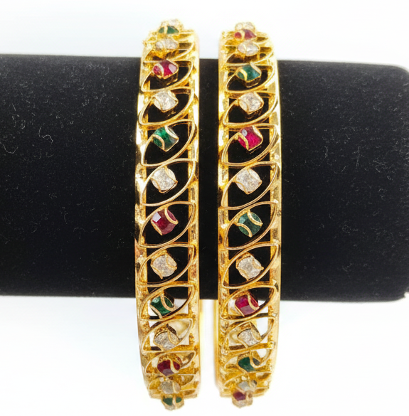 Jazz And Sizzle Set Of 2 Gold Plated Artificial Stone Studded & Beaded Bangles