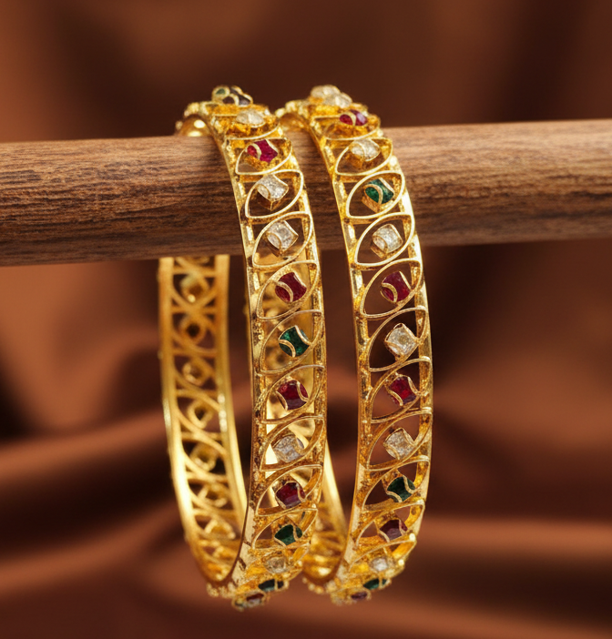 Jazz And Sizzle Set Of 2 Gold Plated Artificial Stone Studded & Beaded Bangles