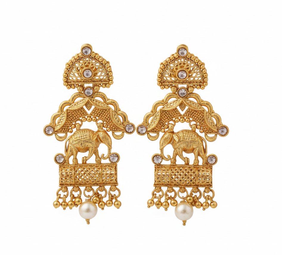 Jazz and sizzle Gold Plated Elephant Motif Pearl Drop Earrings