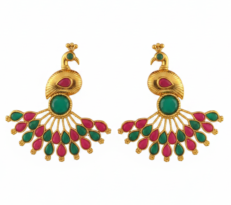 Jazz and sizzle Gold Plated Peacock Shaped Artificial Stone Studded Drop Earrings