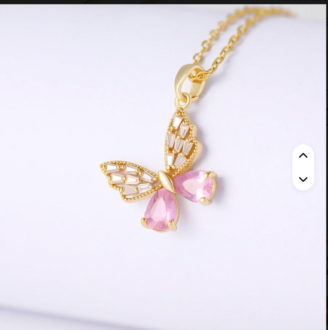 Jazz And Sizzle Gold Plated Pink Butterfly Crystal Pendant Necklace