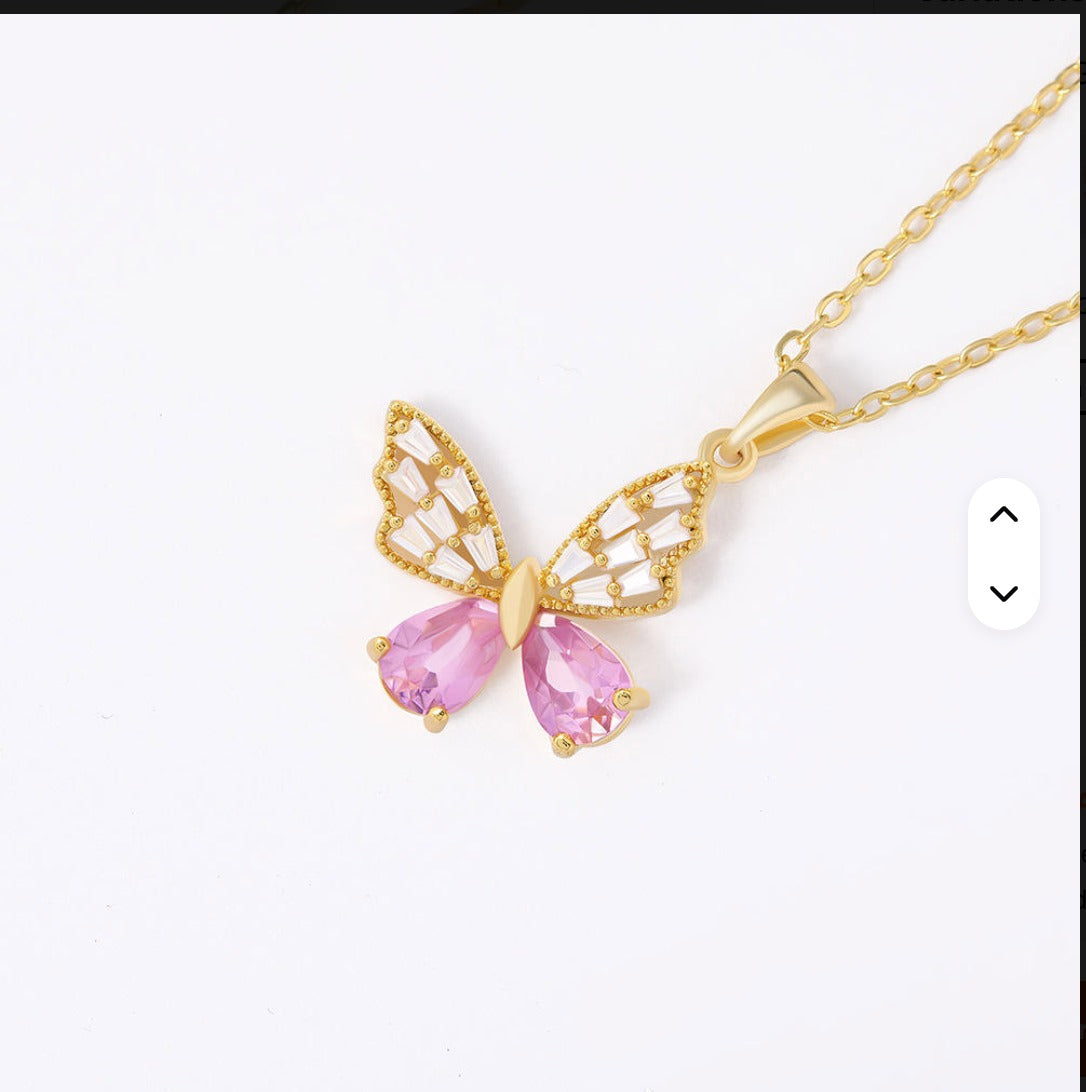 Jazz And Sizzle Gold Plated Pink Butterfly Crystal Pendant Necklace