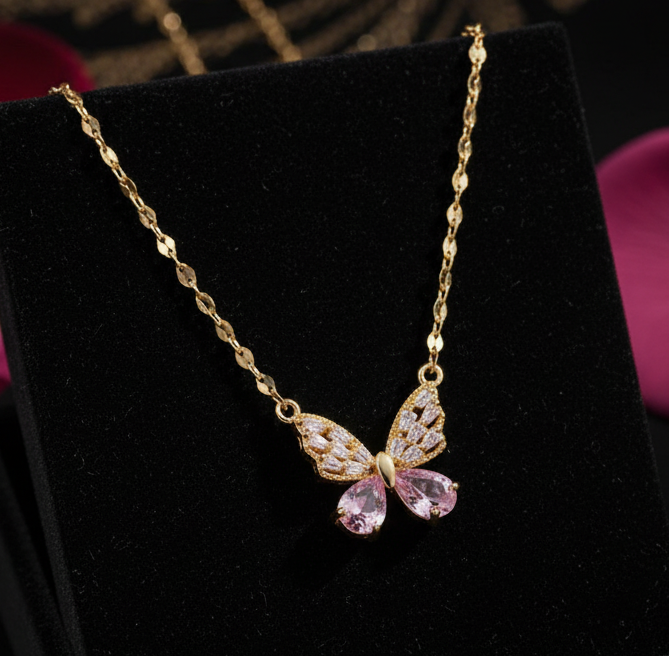 Jazz And Sizzle Gold Plated Pink Butterfly Crystal Pendant Necklace