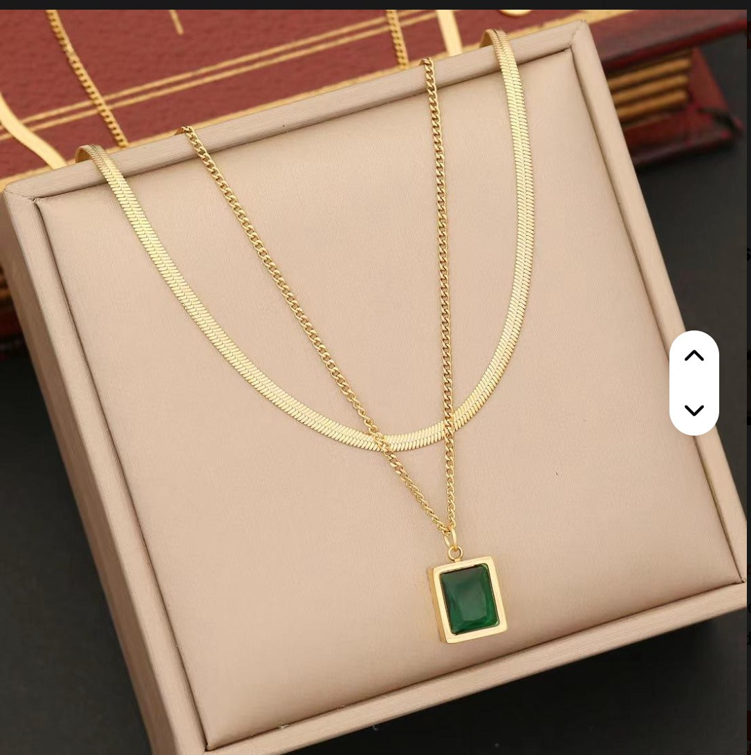 Jazz And Sizzle Gold Plated Layered Chain Necklace With Green Stone Pendant
