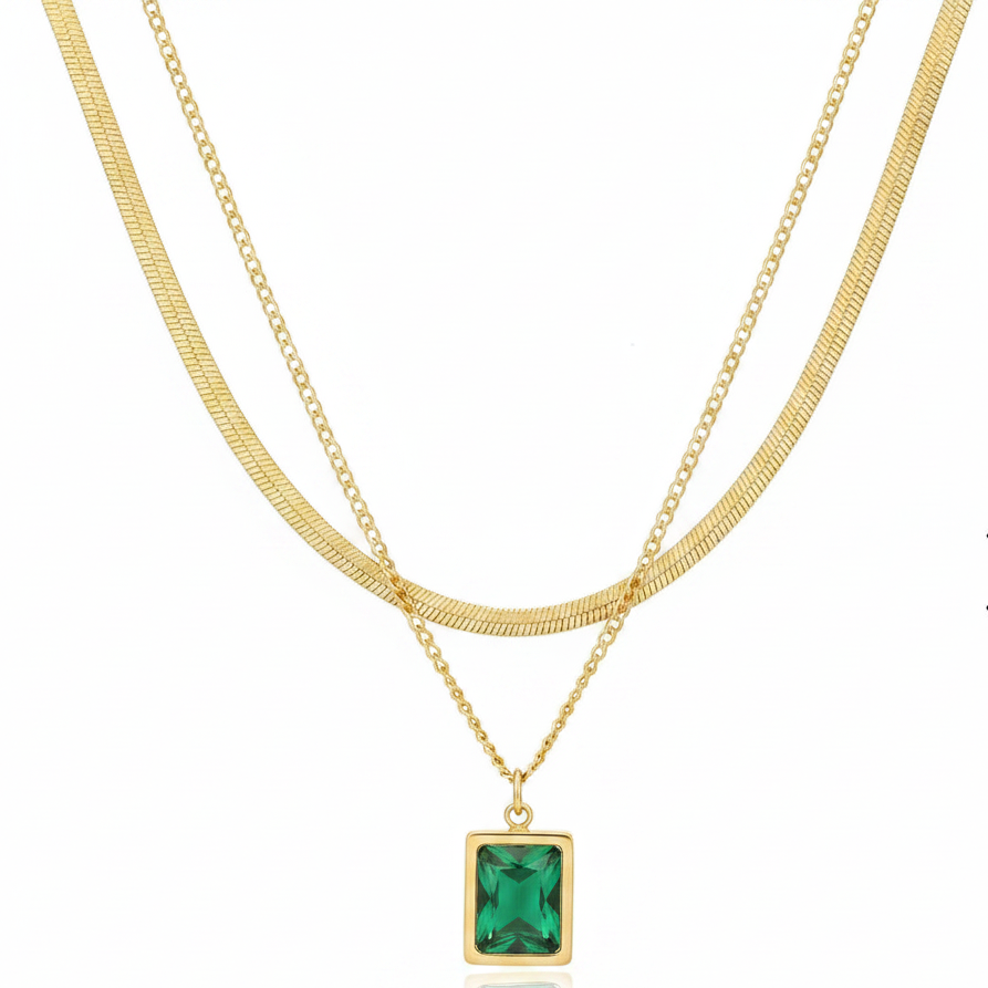 Jazz And Sizzle Gold Plated Layered Chain Necklace With Green Stone Pendant