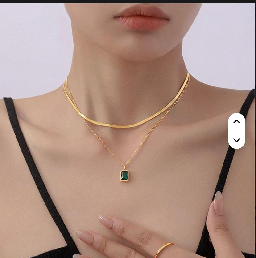 Jazz And Sizzle Gold Plated Layered Chain Necklace With Green Stone Pendant