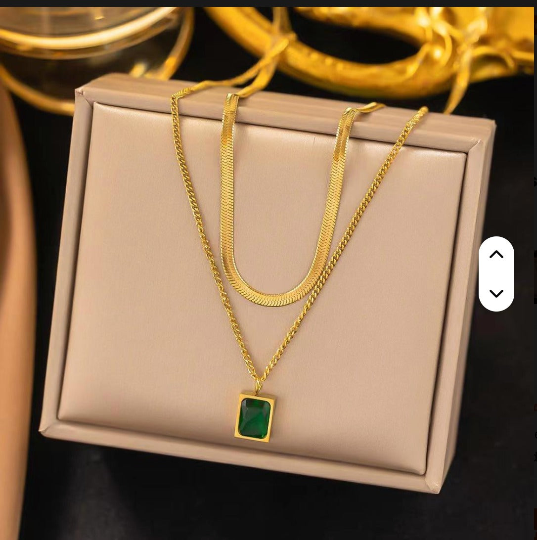 Jazz And Sizzle Gold Plated Layered Chain Necklace With Green Stone Pendant