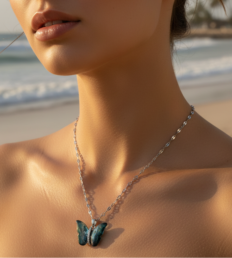 Jazz And Sizzle Silver Tone Aqua Blue Butterfly Pendent Chain for Women