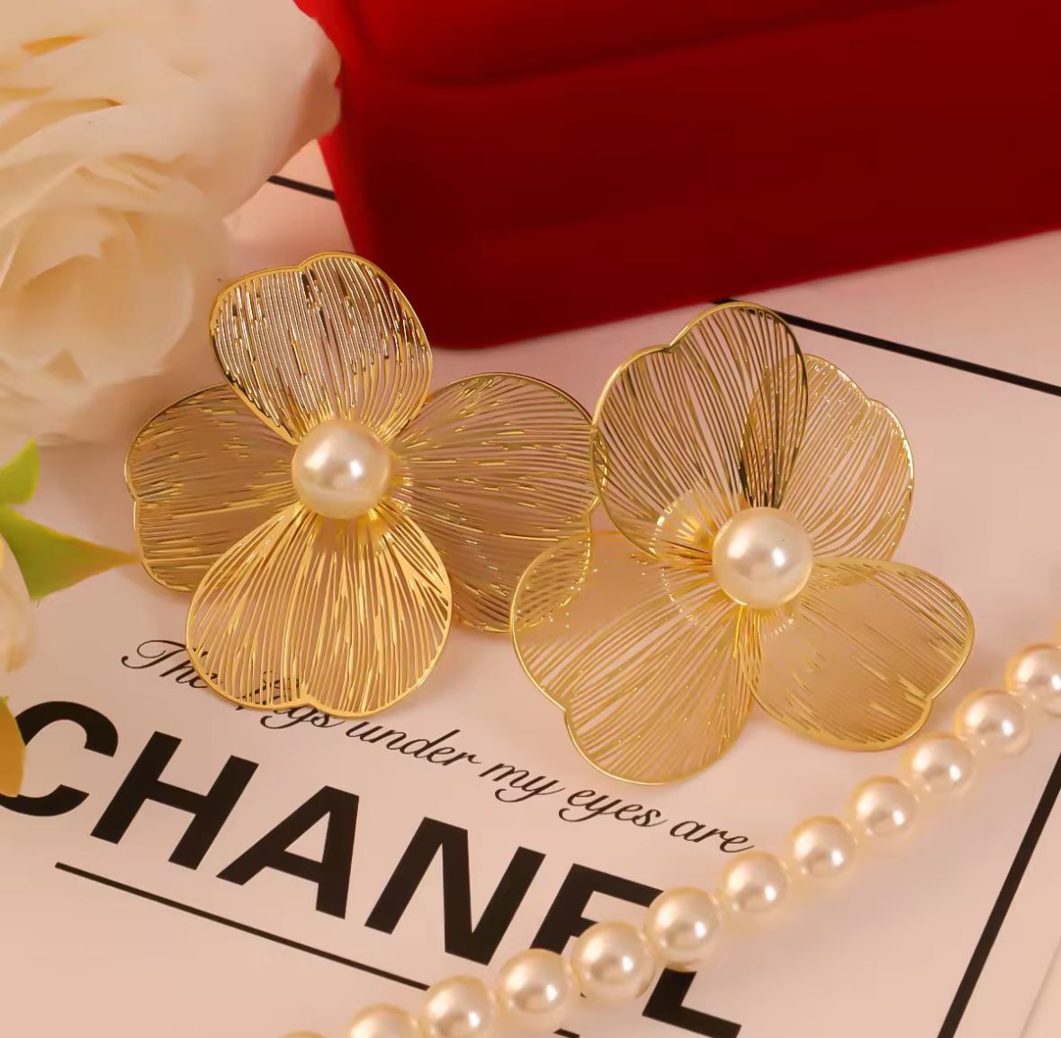 Elegant Floral Pearl Earrings for Women – Gold Finish Stainless Steel Anti-Tarnish Statement Earrings