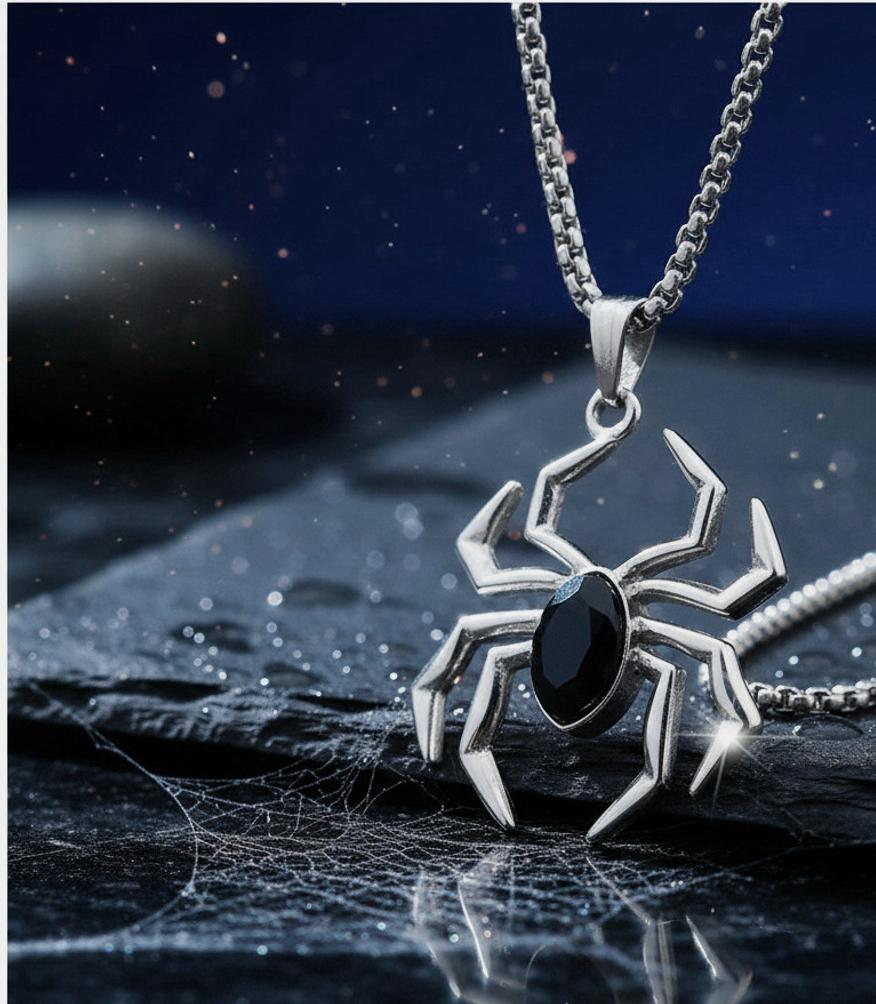 Spider Pendant Necklace for Men | Stainless Steel Chain with Black Stone | Anti-Tarnish, Hypoallergenic, Gothic Style Jewelry for Boys & Men