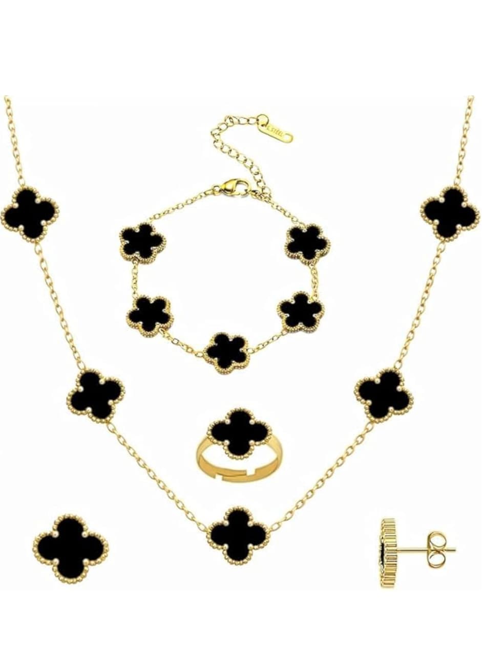 Jazz And Sizzle Clover Jewelry Set for Women | Anti-Tarnish Stainless Steel Necklace, Bracelet, Ring & Earrings Set |  Waterproof & Hypoallergenic