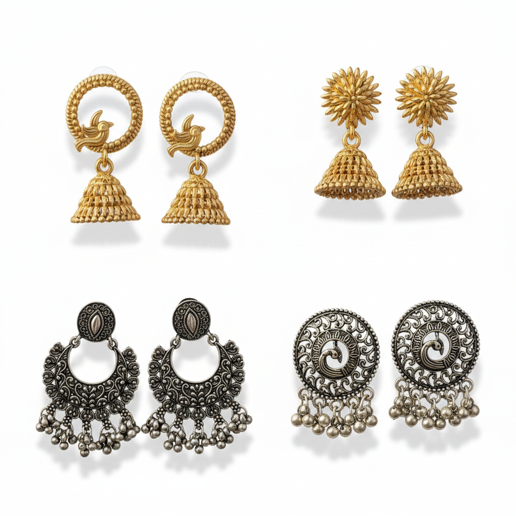 Jazz And Sizzle Set of 4 Gold & Silver Plated Stud & Jhumka Earrings