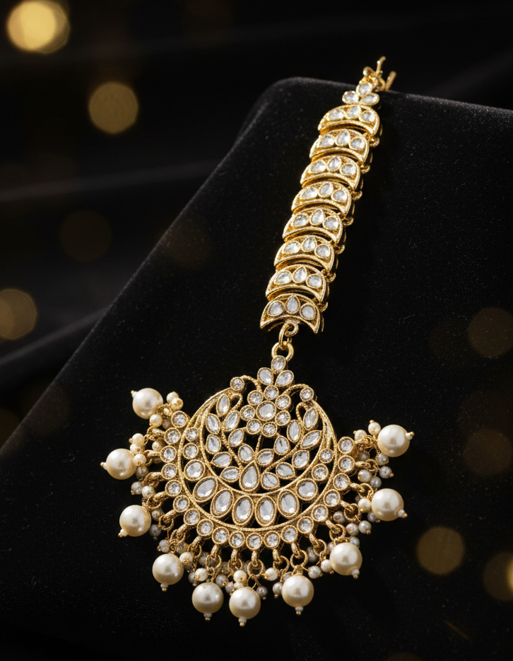 Jazz And Sizzle Traditional Gold-Plated Kundan Maang Tikka with Pearl Drops – Bridal Head Jewelry