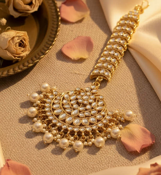 Jazz And Sizzle Traditional Gold-Plated Kundan Maang Tikka with Pearl Drops – Bridal Head Jewelry