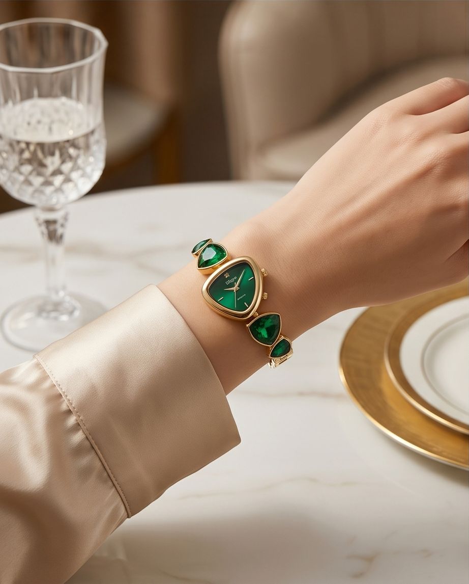 Triangle Dial Faceted Imitation Diamonds Emerald  Decorated Link Watch Bracelet