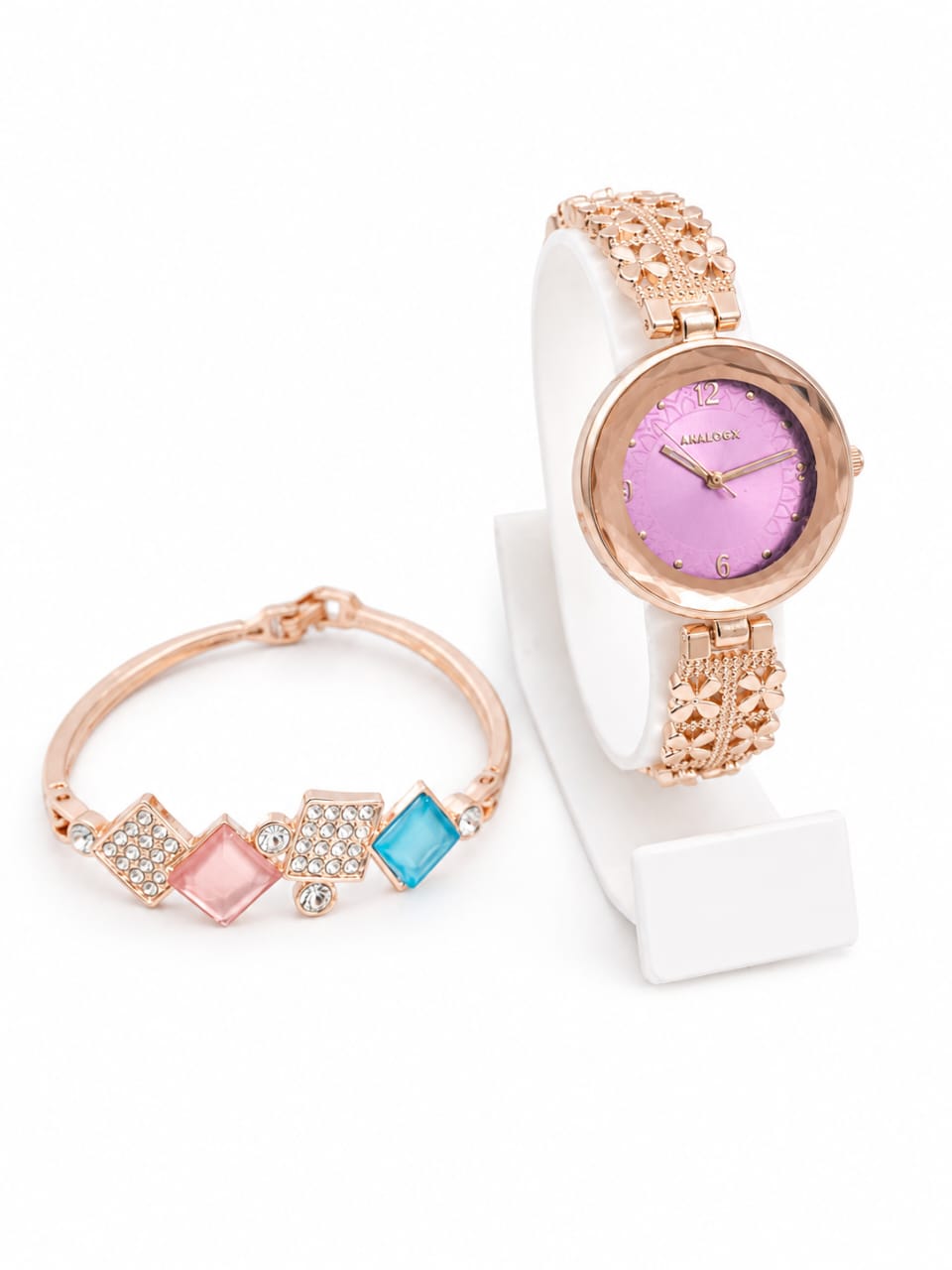 Women's Rose Gold Analog Watch & Crystal Geometric Bracelet Combo-WJ-JS26-LD0028